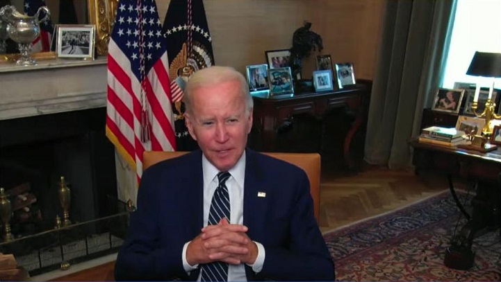 U.S. President Joe Biden speaks in a virtual meeting with Chey Tae-won, chairman of South Korean conglomerate SK Group, at the White House on July 26, 2022, in this image captured from the website of the White House. (Yonhap)
