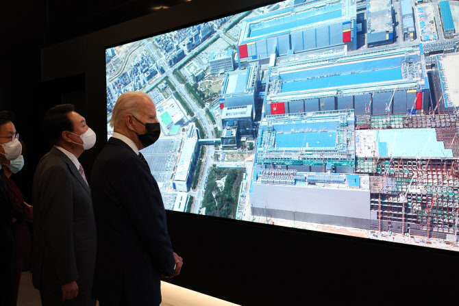 U.S. President Joe Biden (R) and South Korean President Yoon Suk-yeol look around a Samsung Electronics chip plant in Pyeongtaek, 70 kilometers south of Seoul, on May 20, 2022. (Yonhap)