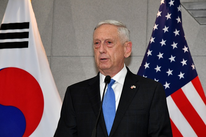 This file photo, taken June 28, 2018, shows then U.S. Secretary of Defense James Mattis speaking to the press prior to a meeting with his South Korean counterpart in Seoul. (Pool photo) (Yonhap)