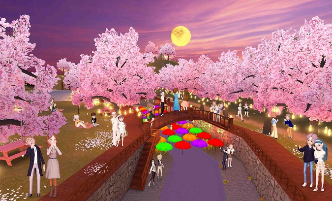 This image provided by SK Telecom Co. on April 6, 2022, shows an online cherry blossom event held on the company's metaverse platform ifland. 