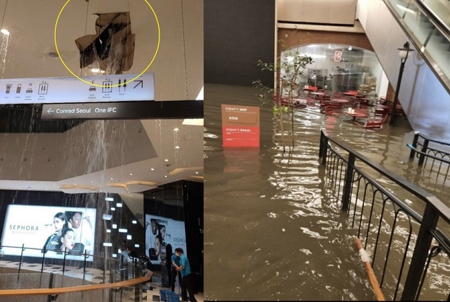 This composite photo captured from social media on Aug. 8, 2022, shows the ceiling of IFC mall (L) in western Seoul flooded with rain water and Shinsegae's restaurant complex under water the same day.