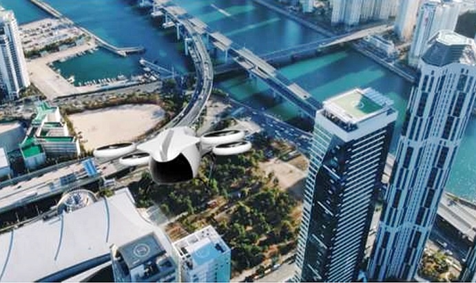 This rendered image provided by LG Uplus Corp. shows the company's envisioned urban air mobility taxi service in Busan, 450 kilometers southeast of Seoul.
