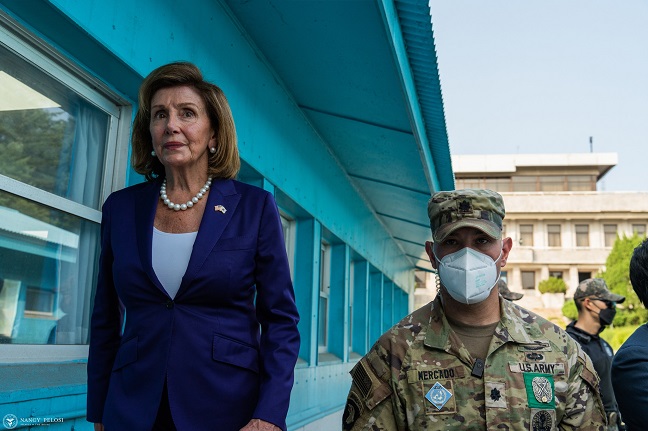 U.S. House Speaker Nancy Pelosi (L) visits the inter-Korean truce village of Panmunjom on Aug. 4, 2022, in this photo posted on her Facebook account.