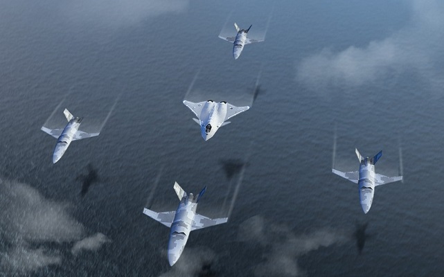 This photo, provided by Korean Air Lines Co., shows a concept image of an unmanned combat aerial vehicle (UCAV) formation. 