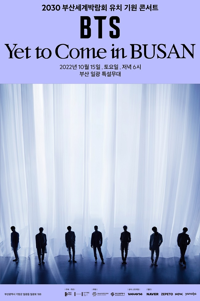 This image provided by Big Hit Music shows a promotional poster for K-pop superstars BTS' one-day concert in Busan on Oct. 15, 2022.