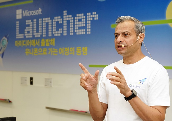 This photo provided by Microsoft Korea on Aug. 29, 2022, shows Ahmed Mazhari, president of Microsoft Asia, speaking at a press conference in Seoul for the company's new support program for South Korean startups.