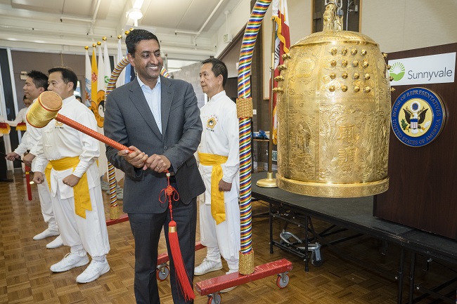 U.S. Congressman Ro Khanna rang the Bell of World Peace and Love and made a wish “to have good relations with all countries working on climate” during a town hall meeting in Sunnyvale, California on August 28, 2022.