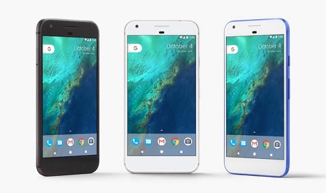 This image, captured from the homepage of Google Inc. shows Pixel 1 smartphones.