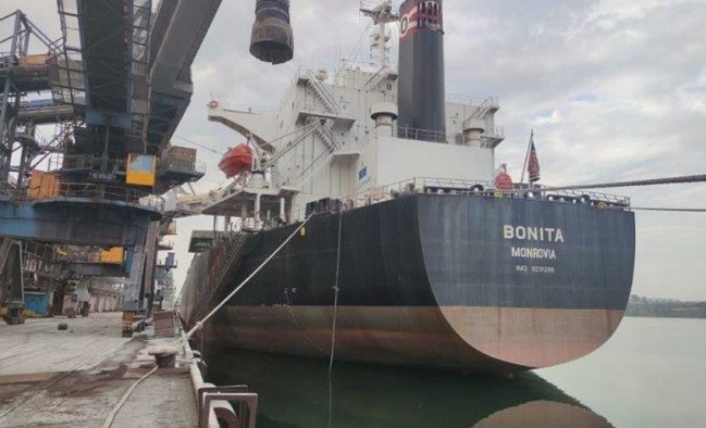 This photo, provided by POSCO International Corp. on Sept. 5, 2022, shows a South Korea-bound vessel carrying corn waiting to depart from a port in Ukraine.