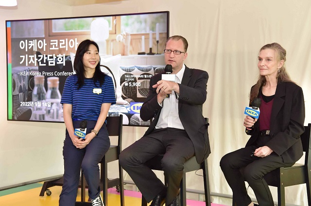 In this photo provided by IKEA Korea, Fredrick Johansson (C), the country retail manager of IKEA Korea, speaks to reporters onstage at a press conference held at IKEA's Gwangmyeong branch on Sept. 14, 2022. 
