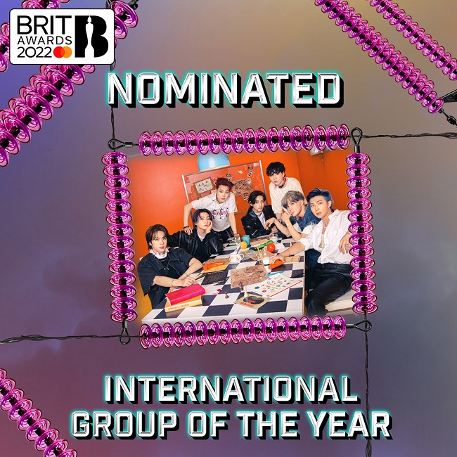 This image, provided by Big Hit Music on Dec. 19, 2021, celebrates BTS' nomination for the International Group of the Year section of the BRIT Awards 2022. The K-pop superband was nominated for a second straight year for the top British pop music awards. 