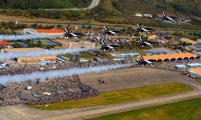 This file photo, provided by the Air Force on Oct. 13, 2022, shows the armed service's Black Eagles aerobatic team performing at the 2018 Sacheon Airshow in the city, 301 kilometers south of Seoul, in October 2018.