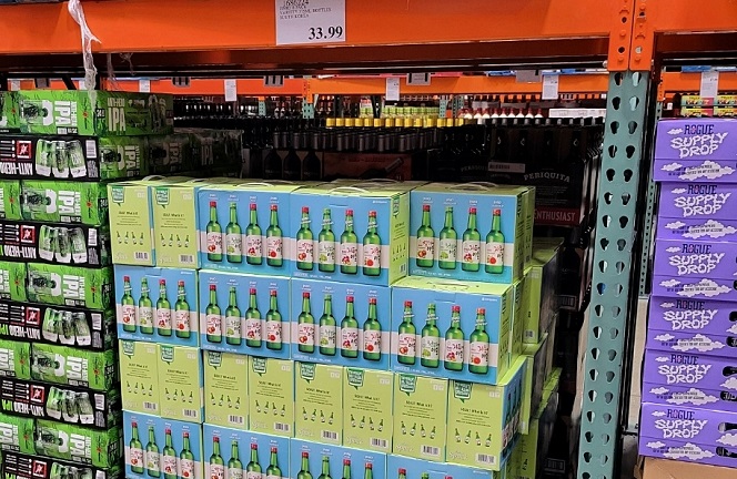 Boxes of flavored soju from Hite Jinro are displayed at a Costco store in Chicago, the United States, in this photo provided by the company on Oct. 17, 2022.