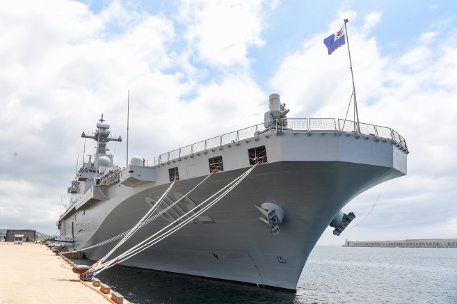 This file photo, released by the Navy on May 31, 2022, shows an amphibious assault ship, the Marado, off a naval base on South Korea's largest island of Jeju. 