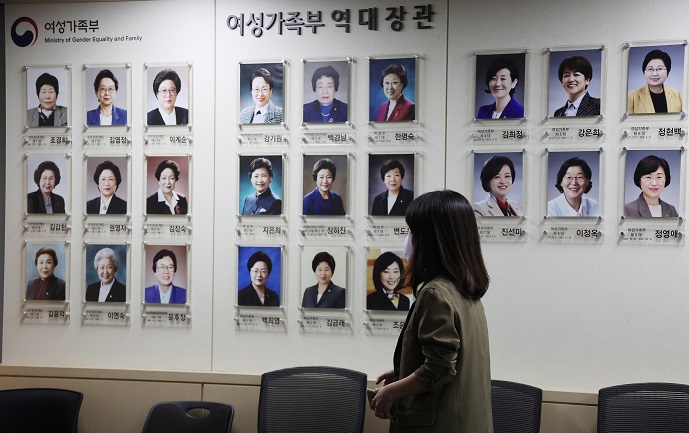 Photos of former and sitting gender equality ministers are hung on the wall of an office of the Ministry of Gender Equality and Family at the government complex in Seoul on Oct. 6, 2022. (Yonhap)