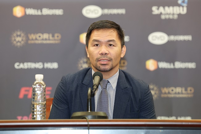 Filipino boxing legend Manny Pacquiao speaks during a press conference in Seoul on Oct. 11, 2022, announcing his exhibition boxing match against South Korean mixed martial artist DK Yoo in South Korea in December. (Yonhap)