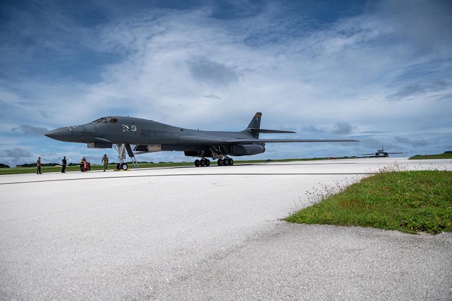 A B-1B Lancer strategic bomber at the Andersen Air Force Base on Guam is shown in this photo released by Pacific Air Forces. 