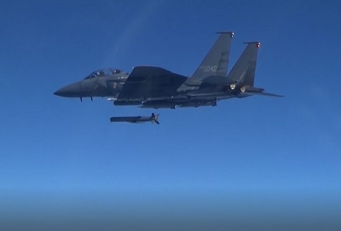 This file photo, provided by the Joint Chiefs of Staff on Nov. 2, 2022, shows the South Korean Air Force's F-15K fighter jet firing an air-to-surface missile toward the high seas north of the de facto inter-Korean border in the East Sea in response to North Korea's provocations earlier that day.