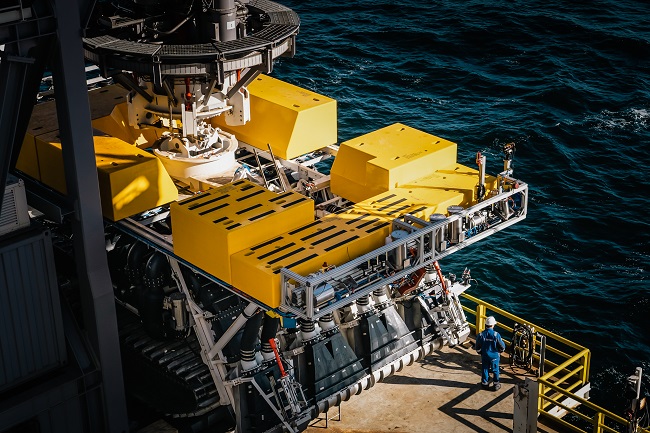 The Allseas-designed pilot collector vehicle awaits deployment from the Hidden Gem during the first integrated system trials in the Clarion Clipperton Zone of the Pacific Ocean since the 1970s.