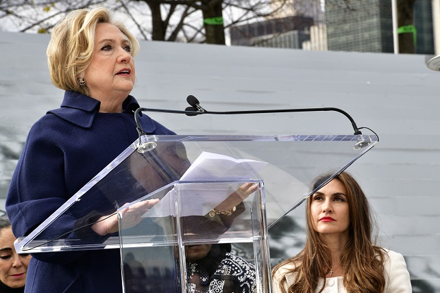Hillary Rodham Clinton speaks during Iran Press Preview for Woman Life Freedom at Franklin D. Roosevelt Four Freedoms State Park on Roosevelt Island on November 28, 2022 in New York City.