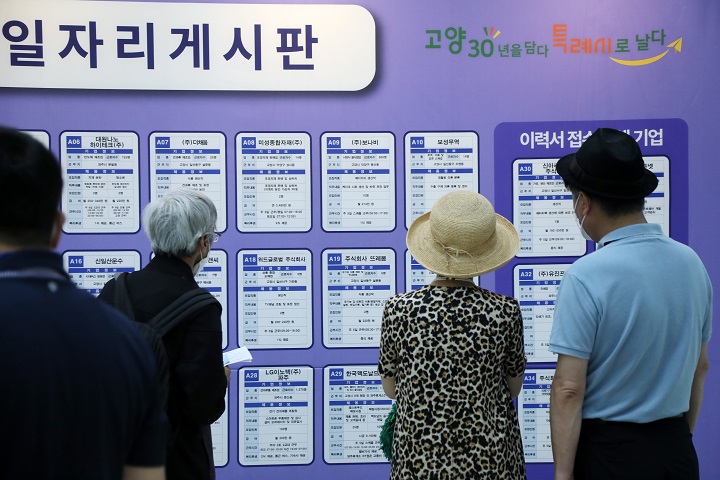 Middle-aged visitors read recruitment announcements at a job fair held in Goyang, north of Seoul, in this file photo taken on June 14, 2022. (Yonhap)