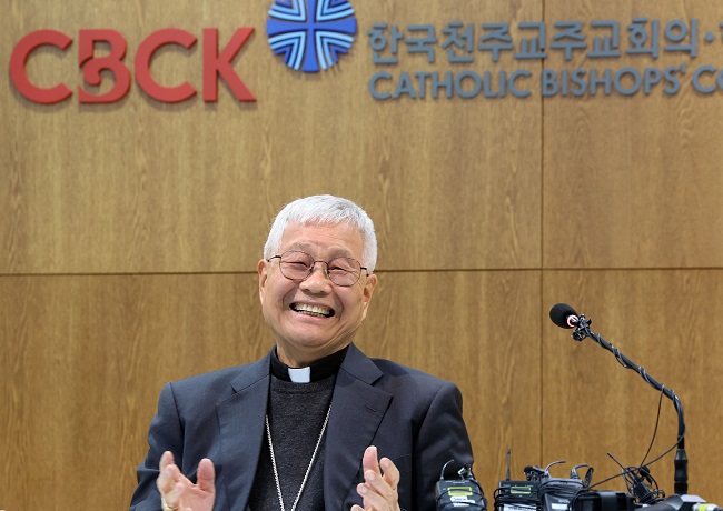 Cardinal Lazzaro You Heung-sik smiles during a press conference in Seoul on Dec. 2, 2022. (Yonhap)