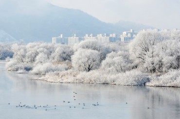 Hoarfrost Covers Soyang River amid Cold Snap