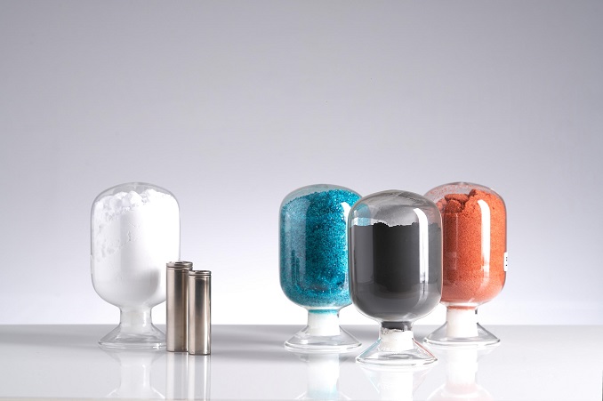 Samples of lithium, cylindrical batteries, nickel, cathodes and cobalt (from L to R) are shown in this photo provided by POSCO Chemical on Jan. 26, 2023.