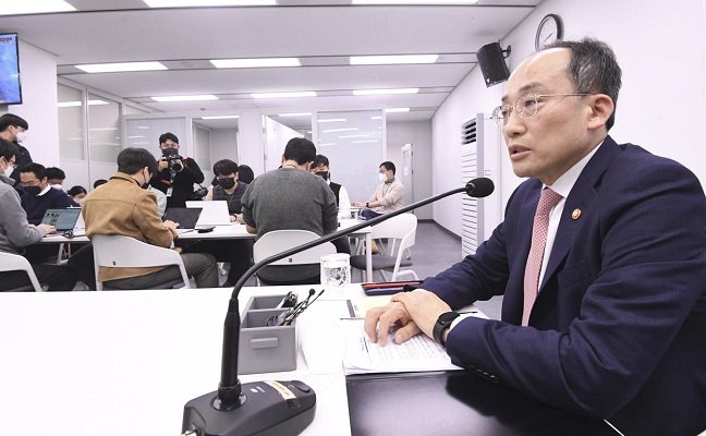 Finance Minister Choo Kyung-ho speaks during a meeting with reporters in the central city of Sejong on Jan. 26, 2023, in this photo released by the Ministry of Economy and Finance.
