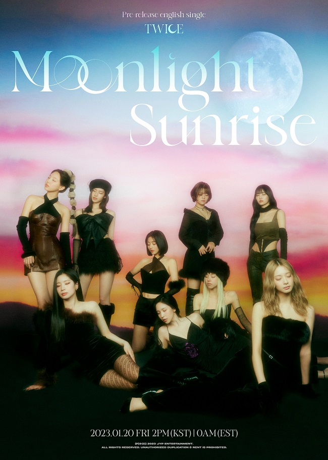 K-pop girl group TWICE is seen in a concept photo for its new English single, "Moonlight Sunrise," provided by JYP Entertainment.