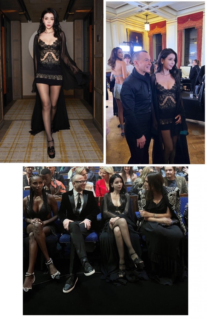 (From L to R) Tia Lee in a tailored lace slip dress and flowing black chiffon cape, exclusively handpicked from Julien Macdonald’s FW23 collection / Tia Lee with Julien Macdonald, in couture from his FW23 collection / Caption: Tia Lee at the FROW of the Julien Macdonald showcase L to R: Lorraine Pascale, Dennis O’Brien, Tia Lee, Amber Le Bon  