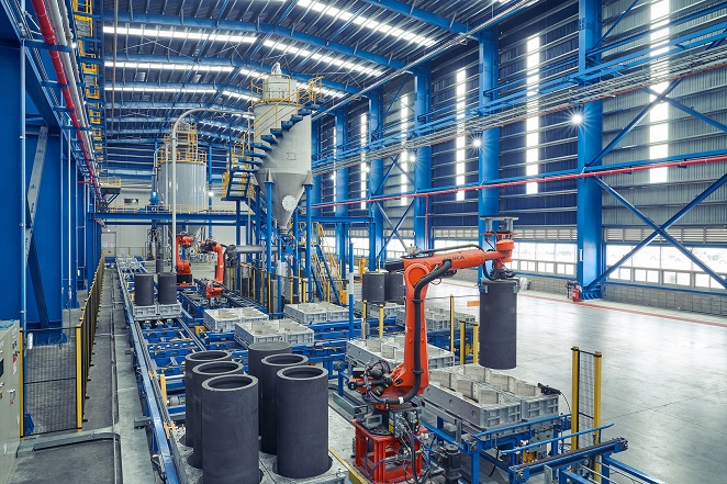 Automated robots work at POSCO Chemical's phase 1 anode material manufacturing facility in the southeastern industrial city of Pohang, whose construction was completed in December 2021, in this photo provided by the company on Feb. 1, 2023.
