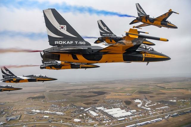 The South Korean Air Force's Black Eagles aerobatic flight team stages a performance at the biennial Australian International Airshow and Aerospace & Defence Exposition at Avalon Airport in Geelong on Feb. 28, 2023, in this photo released by the Air Force.