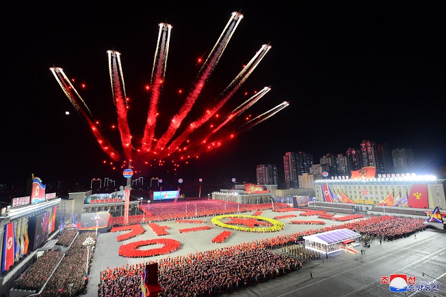 This photo, carried by North Korea's official Korean Central News Agency on Feb. 9, 2023, shows the North staging a military parade in Pyongyang the previous day to mark the 75th founding anniversary of its armed forces. (Yonhap)