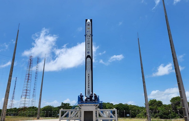 This undated photo provided by Innospace shows HANBIT-TLV, its suborbital test launch vehicle, erected on the launch pad at the Alcantara Space Center in northern Brazil.