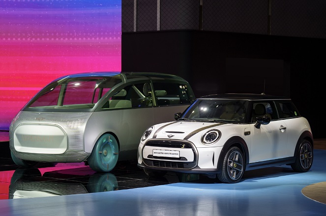 This file photo offered by BMW shows the MINI Electric Resolute edition (R) displayed at the Seoul Mobility Show at the KINTEX exhibition hall in Goyang, just northwest of Seoul, from March 31 to April 9, 2023.