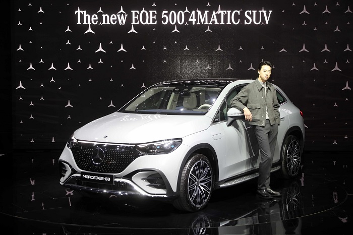 This photo taken March 30, 2023, during the press day of the Seoul Mobility Show in Goyang, just northwest of Seoul, and offered by Mercedes-Benz shows the EQE 500 4MATIC SUV to be launched in the Korean market this year. 
