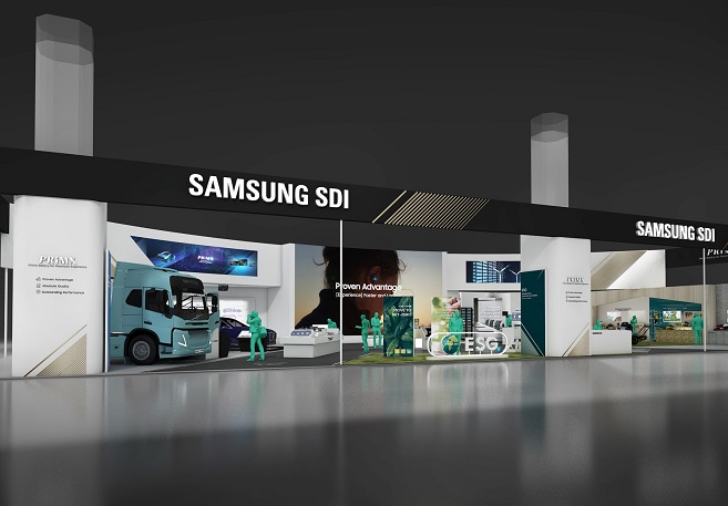 This image, provided by Samsung SDI Co. on March 14, 2023, shows its booth for the InterBattery 2023 exhibition to be held at COEX in Seoul from March 15-17.
