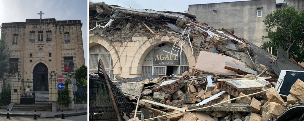Role of South Korean Religion? Following a series of powerful earthquakes measuring 7.8 and 7.5 in magnitude that struck Turkiye, the Antioch Protestant Church in Antakia, Hatai has collapsed (seen on the right in the accompanying picture). The photograph on the left side was taken in 2018 by a Yonhap News correspondent and shows the Antioch Protestant Conference before the earthquake occurred. (Image courtesy of Yonhap/the Korean Methodist Church)
