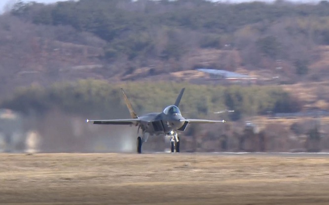This photo, released by the Defense Acquisition Program Administration (DAPA) on Feb. 20, 2023, shows a KF-21 prototype fighter taking off from the Air Force's 3rd Flying Training Wing in Sacheon, about 300 kilometers south of Seoul, at 11:19 a.m. The fourth prototype of South Korea's homegrown fighter KF-21 Boramae completed a 34-minute flight, according to DAPA.