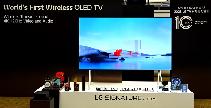 This photo, provided by LG Electronics Inc., shows the LG Signature OLED, which the global home appliances giant unveiled during an event to introduce its new TV products for this year in Seoul on March 8, 2023. 