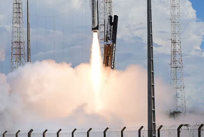 This photo provided by Innospace shows HANBIT-TLV blasting off from the Alcantara Space Center in northern Brazil on March 19, 2023.