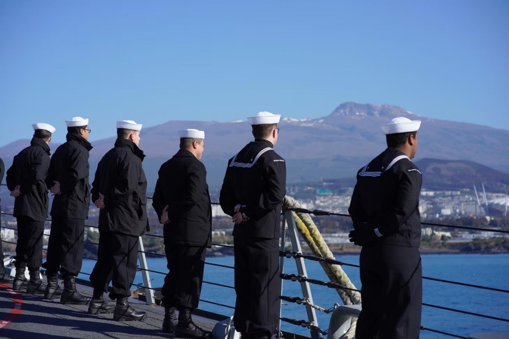 This photo from the web site of the U.S. Pacific Command shows sailors from the Arleigh Burke-class guided-missile destroyer, USS Rafael Peralta, as the ship makes a scheduled port visit to the southern island of Jeju on Feb. 27, 2023. (Image courtesy of Yonhap)