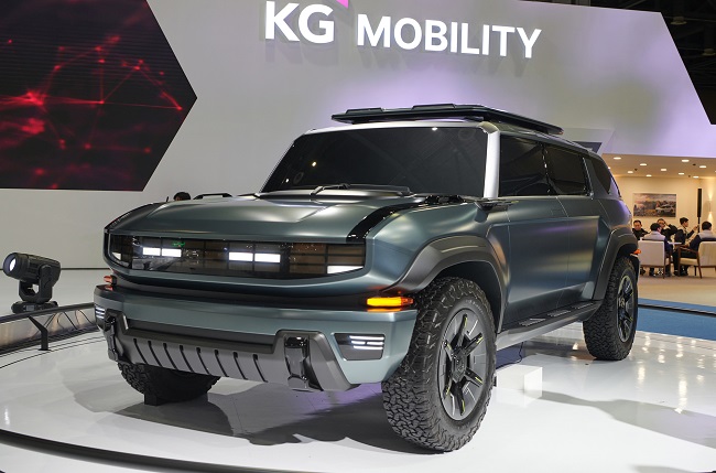 This photo, taken March 30, 2023, provided by KG Mobility shows the F100 concept displayed at the Seoul Mobility Show to be held at the KINTEX exhibition hall in Goyang, just northwest of Seoul, from March 31 to April 9.