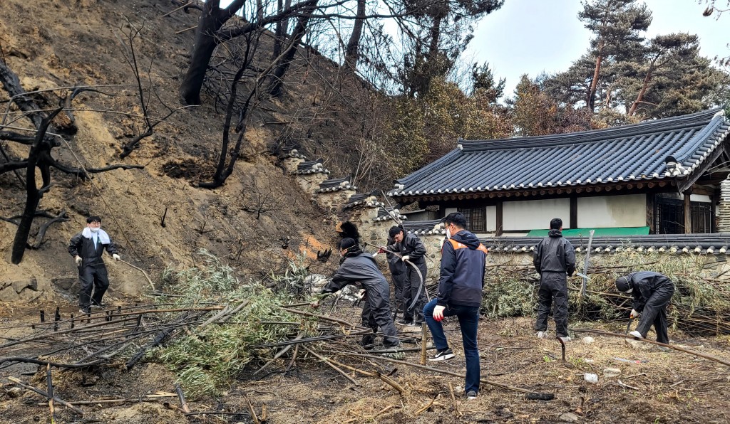 In the photo taken on April 17, employees of Goodoc, a healthcare application developer in Seoul, can be seen volunteering to clean up wildfire debris near Bukjeongjeong, a tangible cultural property in Gangwon Province (Image courtesy of Yonhap)