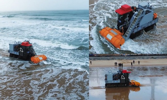 These photos provided by the Korea Research Institute of Ships and Ocean Engineering show newly-developed amphibious oil recovery equipment.