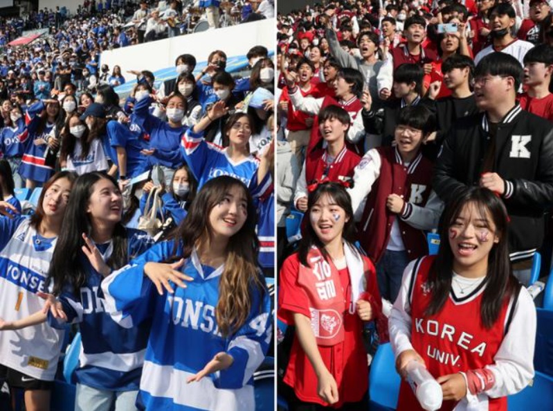 The rivalry between these two colleges, founded over 100 years ago, has persisted since Japan's colonial rule of the Korean Peninsula. Since 1926, they have competed in five different sports during the annual Korea-Yonsei derby. (Image courtesy of Yonhap)