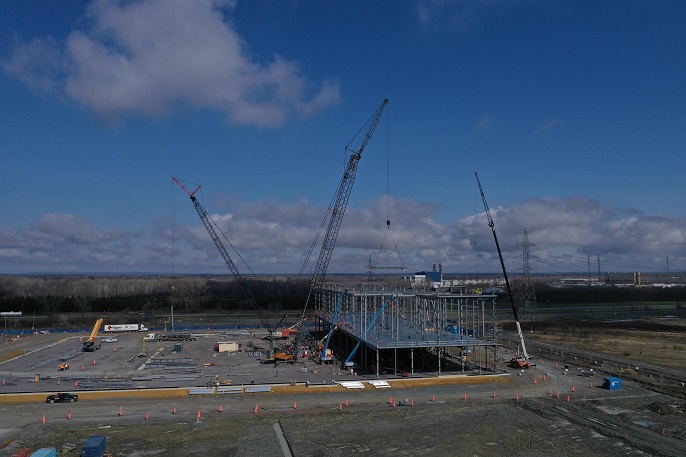 This photo, provided by POSCO Future M Co. on June 2, 2023, shows the construction site for its cathode plant, being built in Canada, under a joint venture with General Motors Co.
