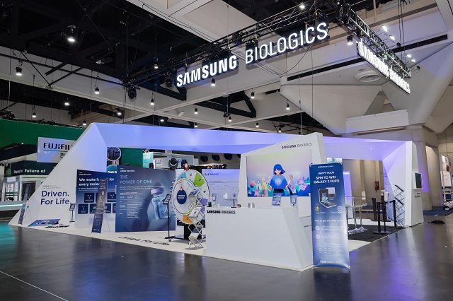 This file photo, provided by Samsung Biologics Co. on June 13, 2022, shows its booth set up for the 2022 Bio International Convention in San Diego, California.