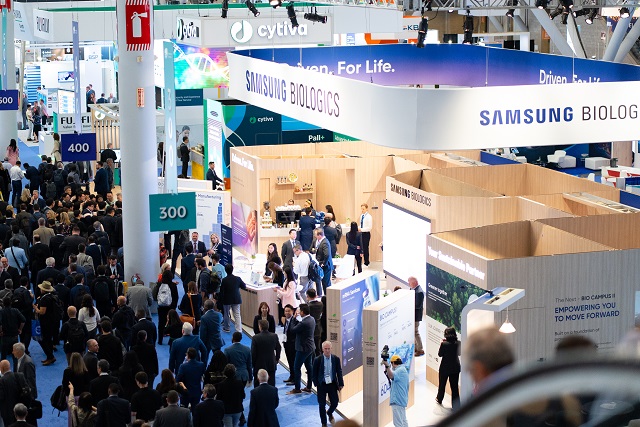 This photo provided by Samsung Biologics Co. shows the company's booth at the 2023 Bio International Convention held in Boston, the United States, on June 5, 2023.